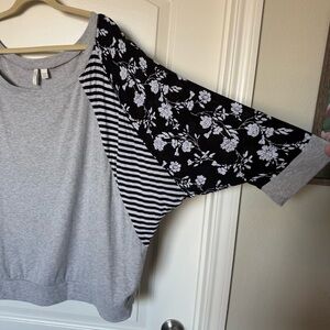 Cato Gray 3/4 sleeve T-shirt with Black Floral Sleeves